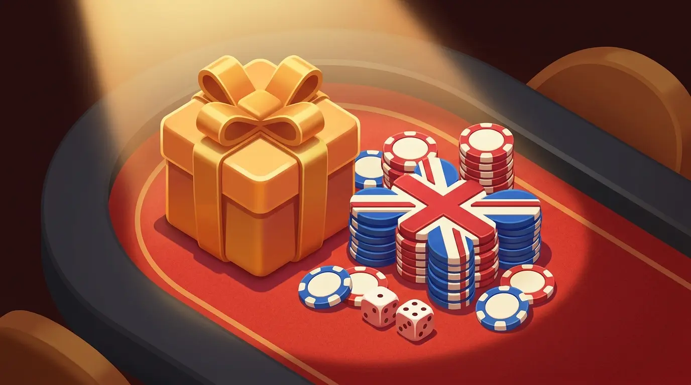 Gift box with poker chips and dice on casino table