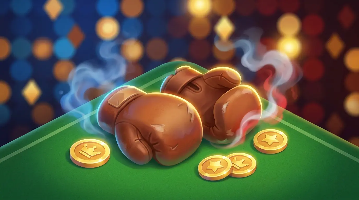 Leather boxing gloves with gold coins on casino table