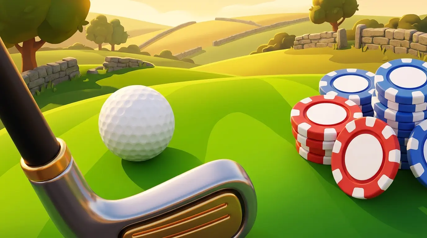 Golf ball with poker chips on green in British countryside setting