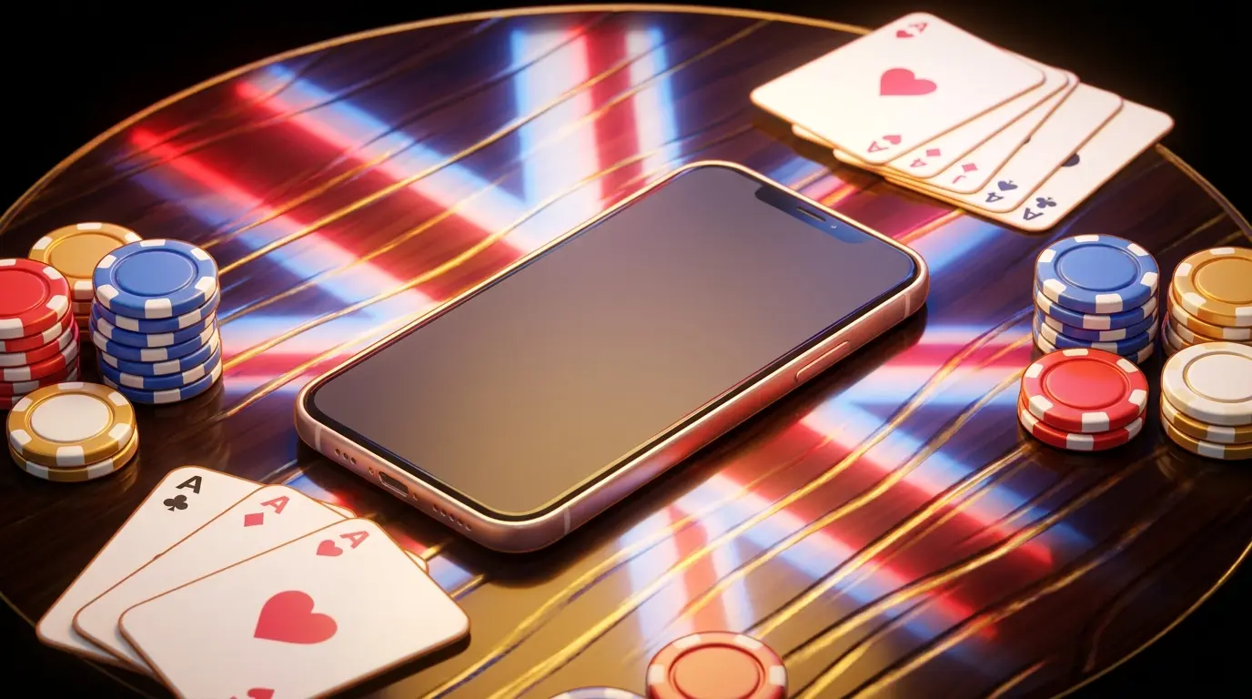 Smartphone with poker chips and cards in British themed lighting