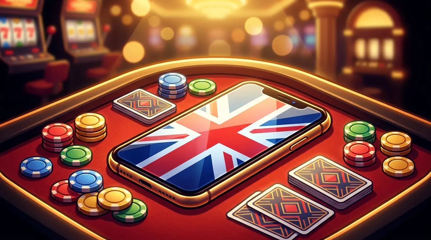 Smartphone on casino table with chips in British color scheme