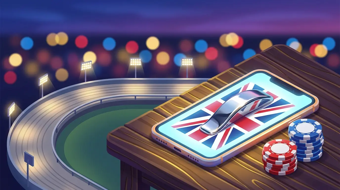 Greyhound racing track with smartphone and betting chips in UK colors