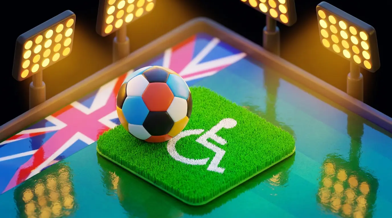 Football and wheelchair symbol on UK stadium pitch with dramatic lighting