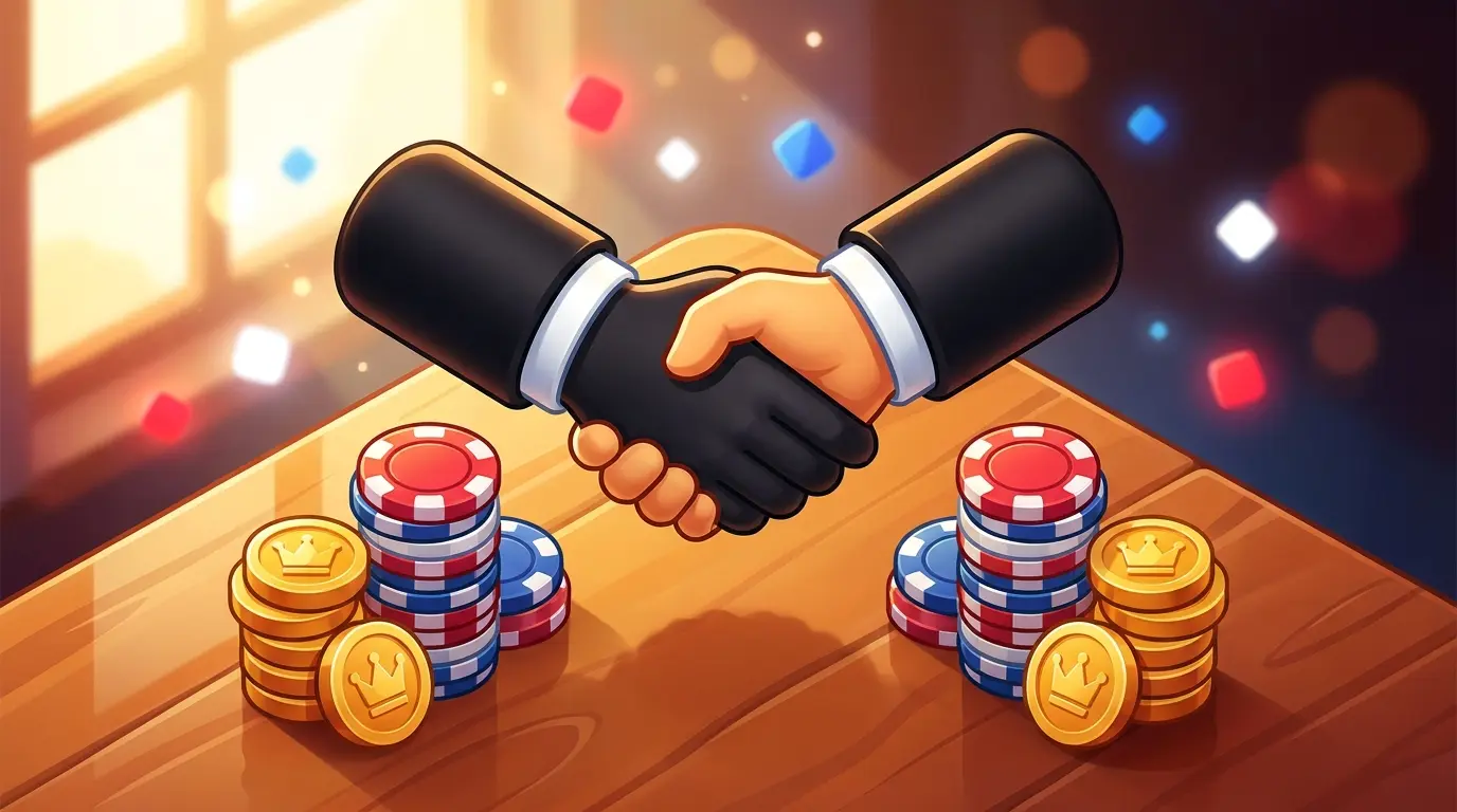 Handshake over table with chips and coins symbolizing trust