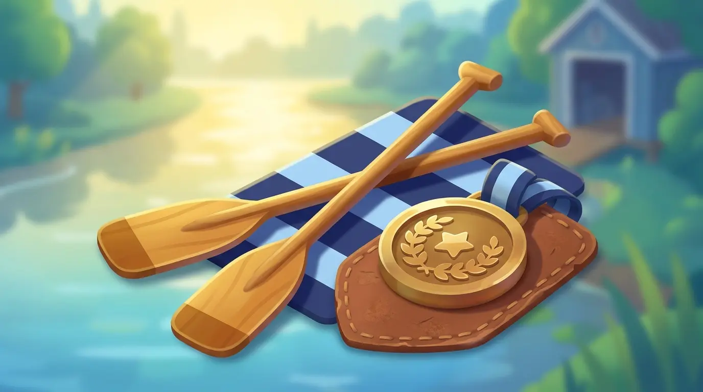 Rowing oars and regatta blazer with medal by the Thames