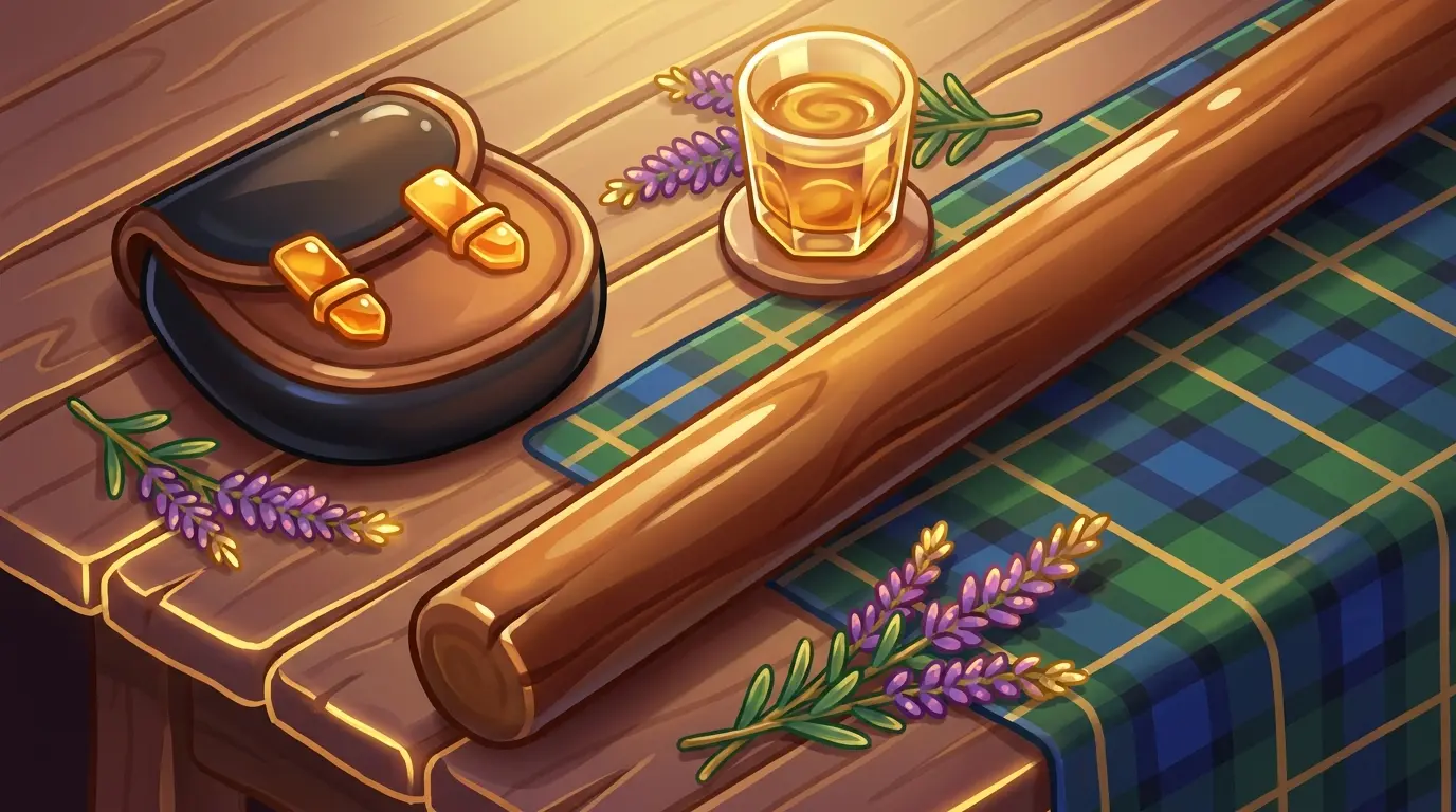 Traditional Highland Games equipment with tartan and Scottish elements