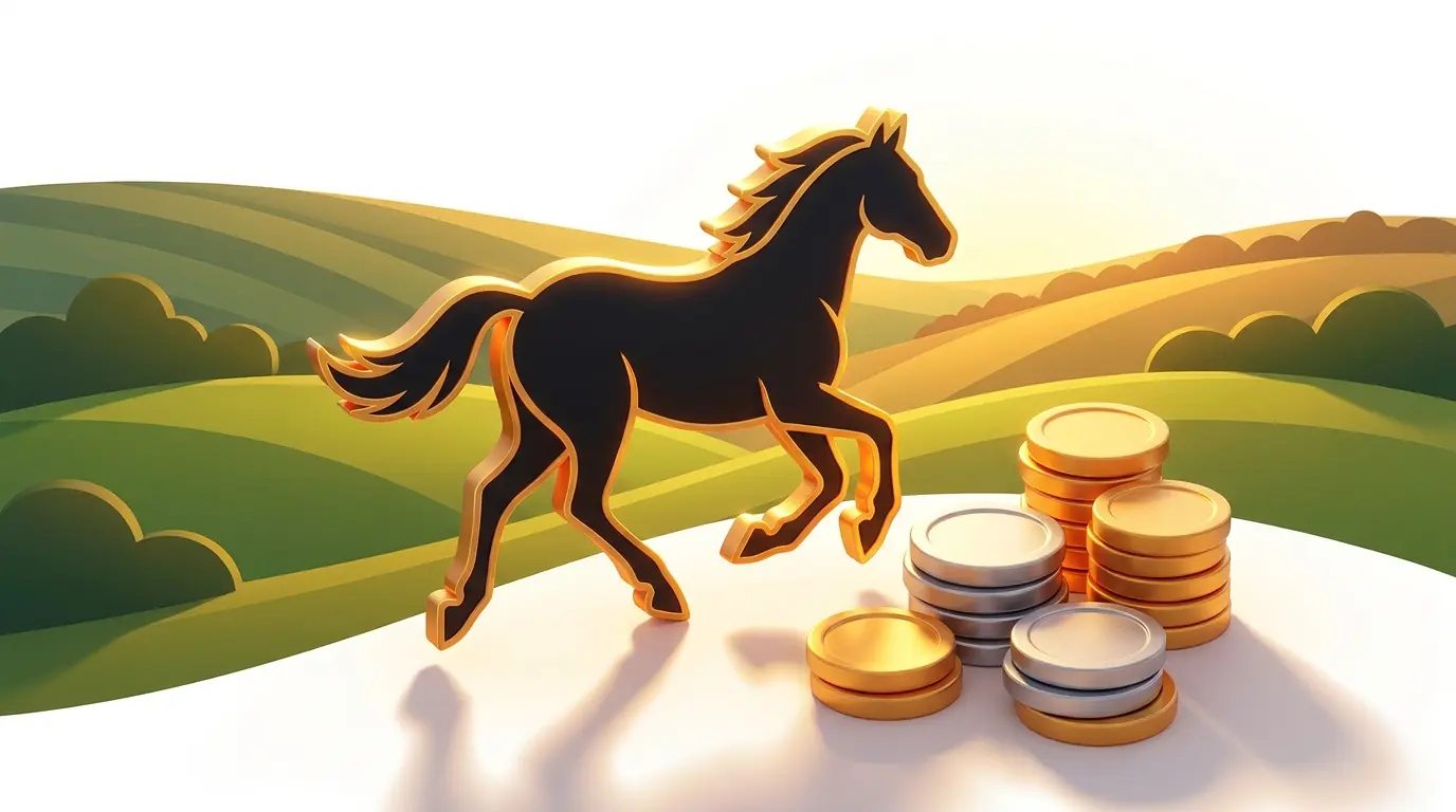 Horse silhouette with cryptocurrency coins at sunset