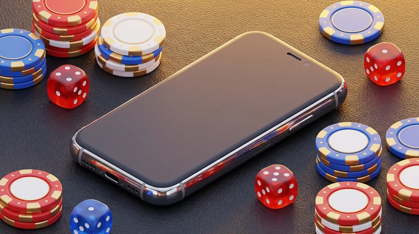 iPhone with casino chips and dice in British colours