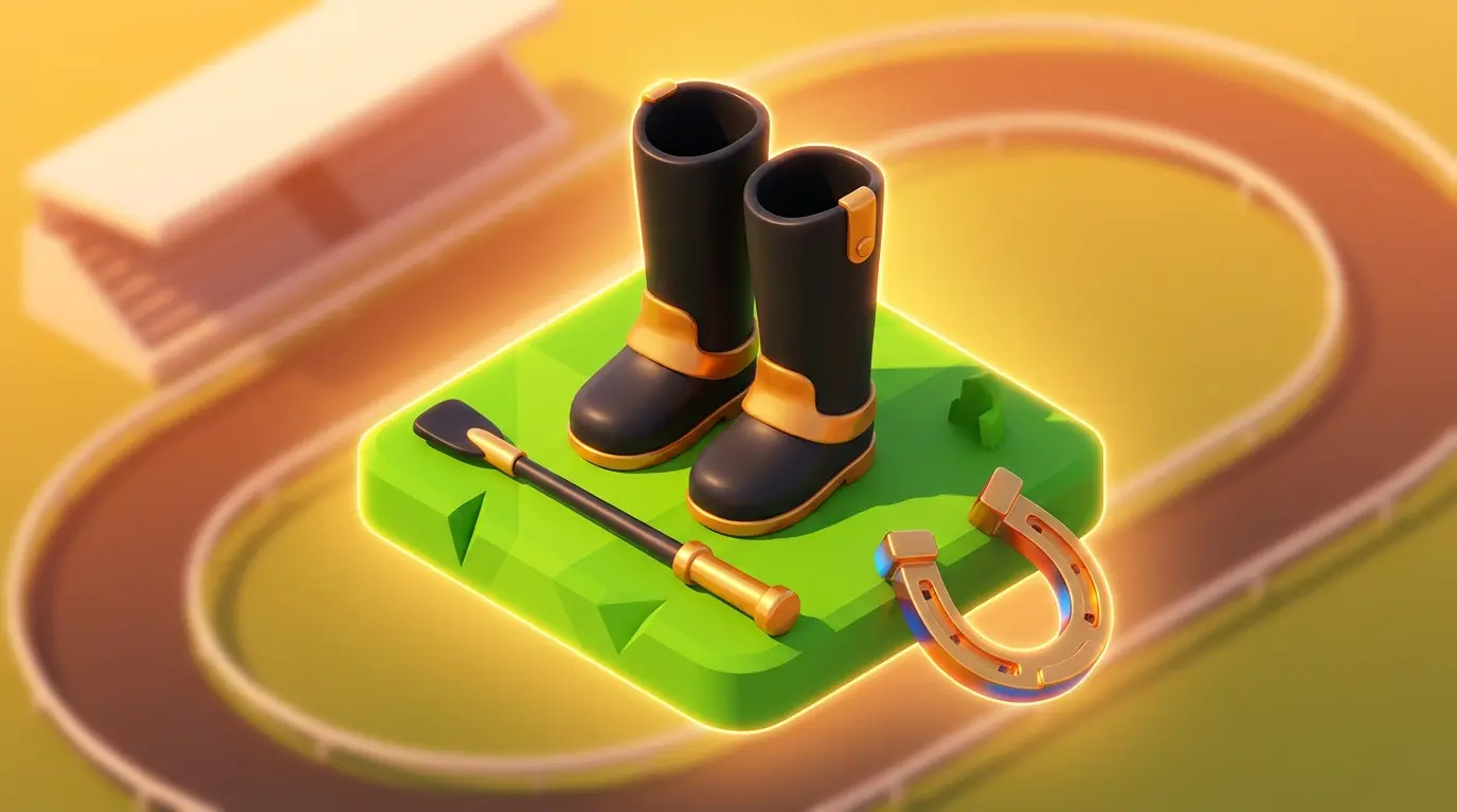 Jockey equipment with racing track and stadium in background