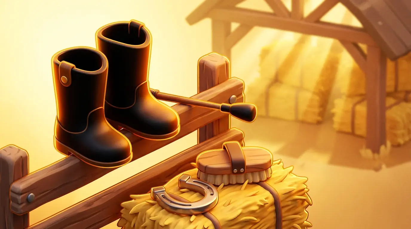 Jockey equipment and horseshoe in stable with morning light