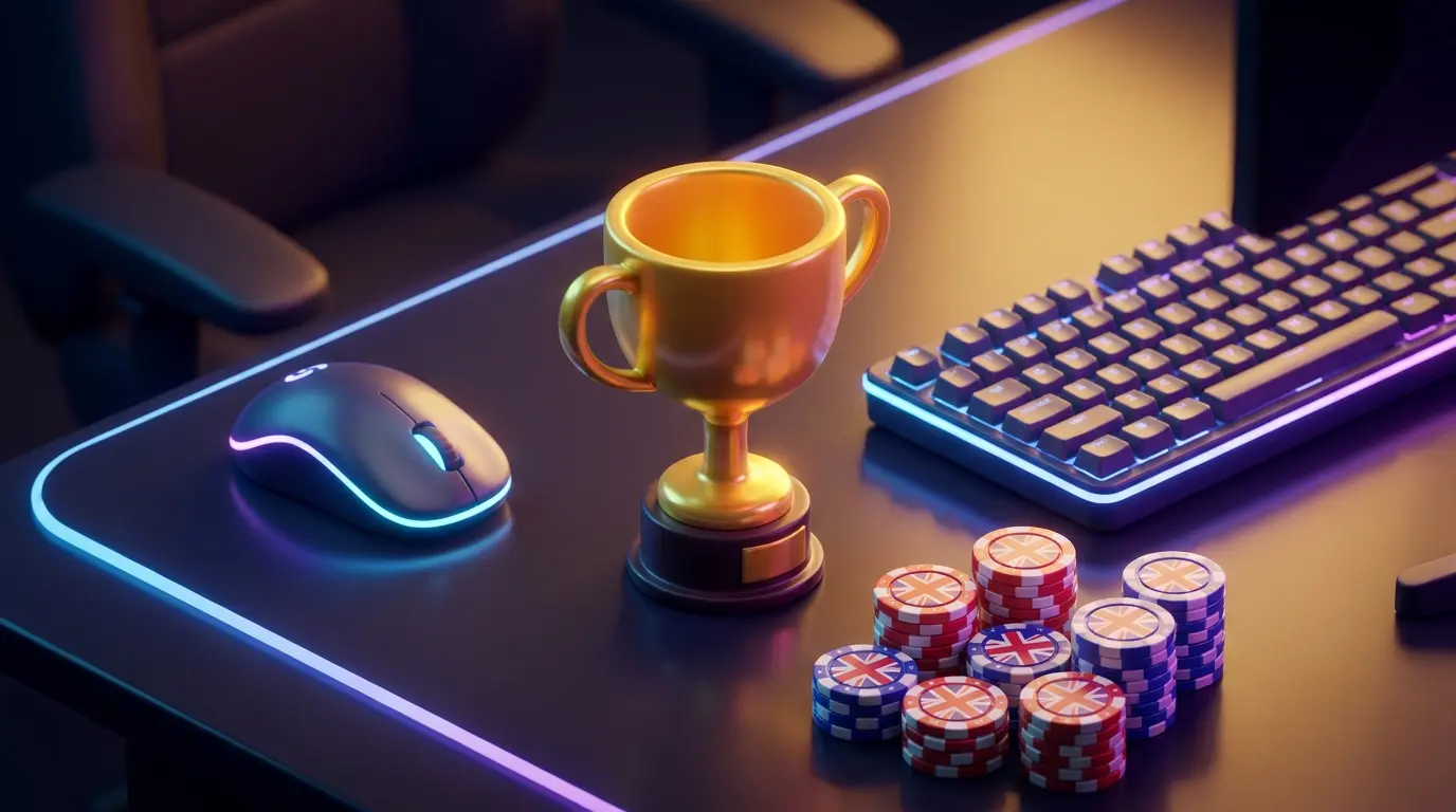 Gaming equipment and trophy with UK-themed poker chips in neon lighting