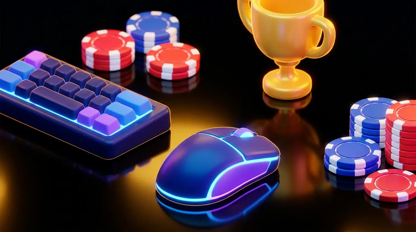 Gaming setup with trophy and British-themed poker chips in dramatic lighting