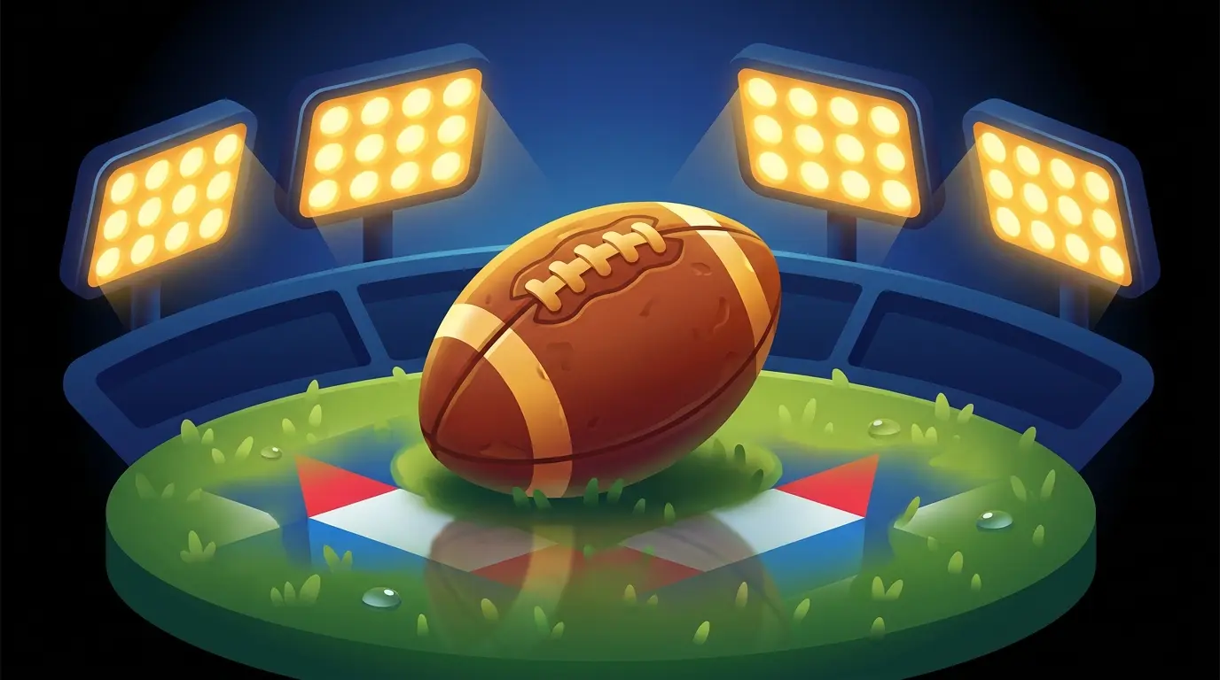 Football on pitch with stadium lights under evening sky