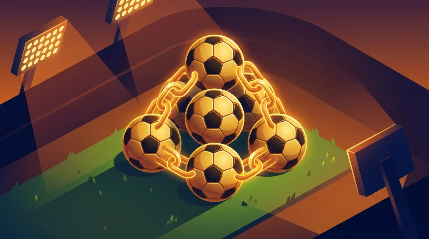 Footballs linked by chains showing connected accumulator bet concept