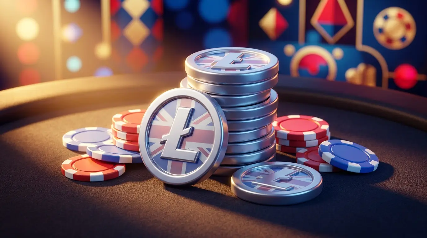 Litecoin coins stacked with poker chips in British colors