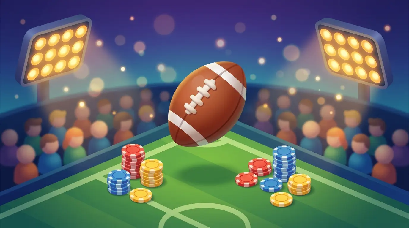 Football frozen mid-action with betting chips on grass under stadium lights