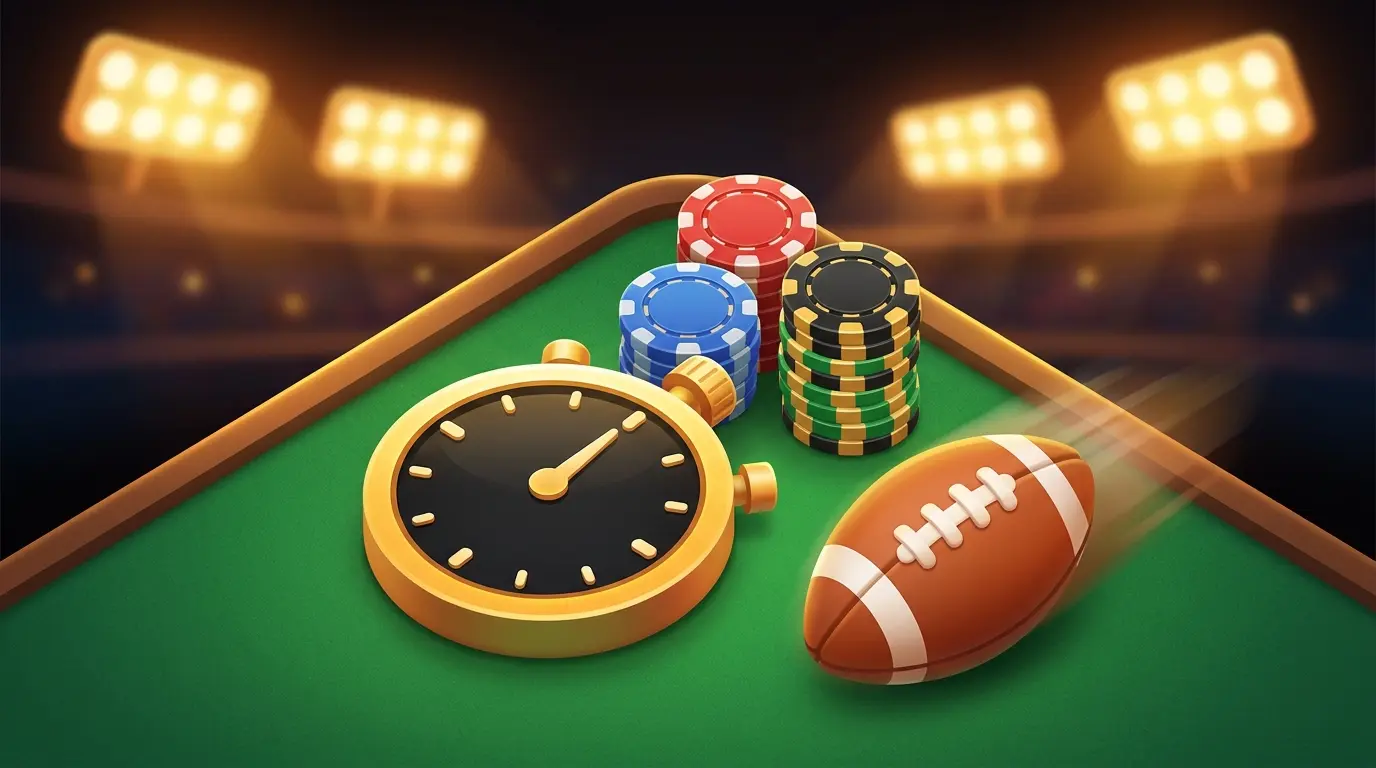 Stopwatch with poker chips and football showing live betting timing