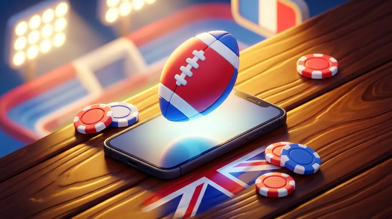 Football and poker chips with Union Jack colours on dark wood surface