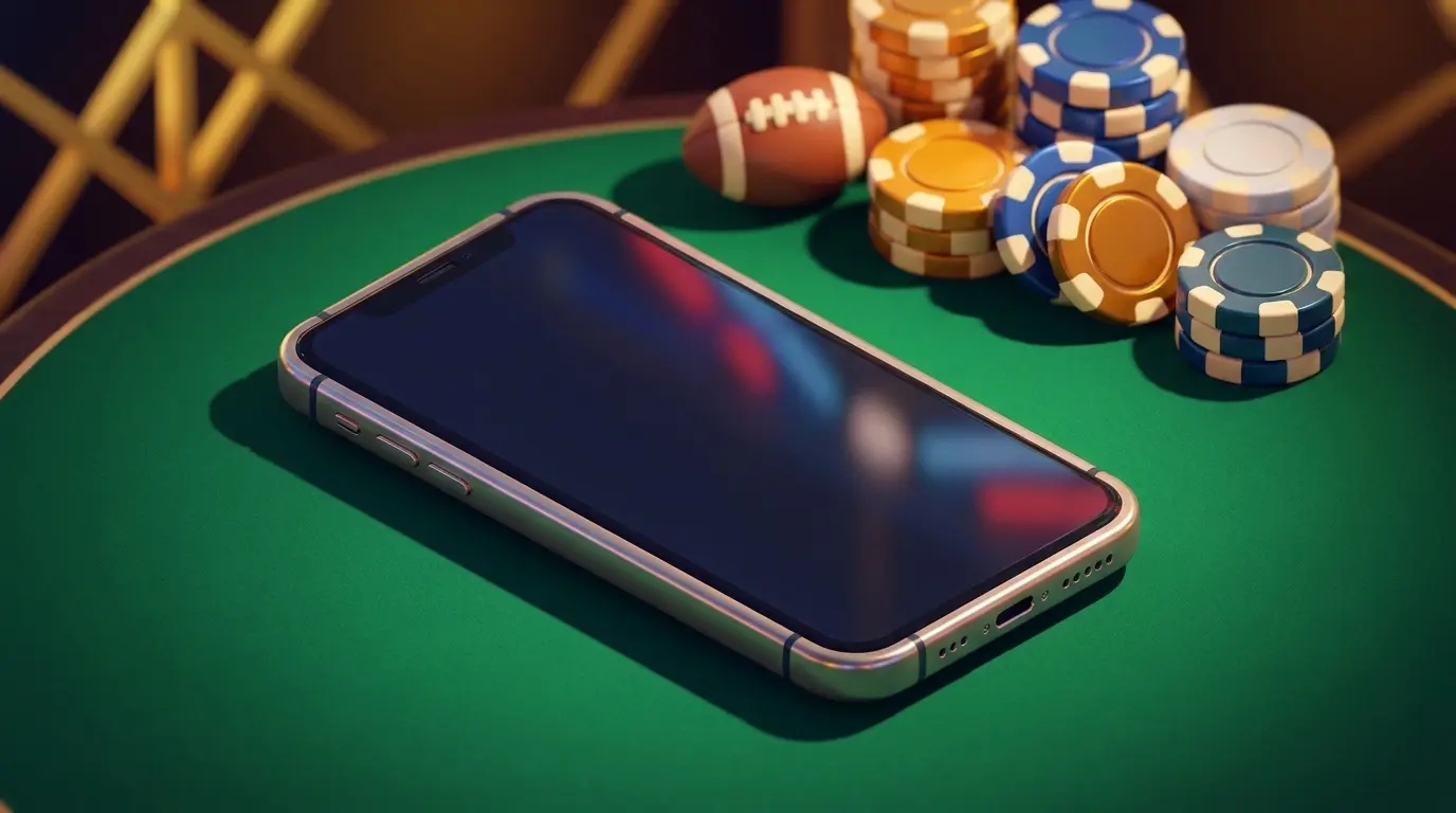 Smartphone with poker chips and football in UK themed colors