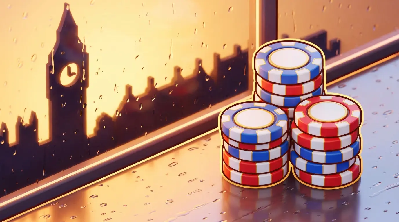 Casino chips arranged with London skyline in atmospheric background
