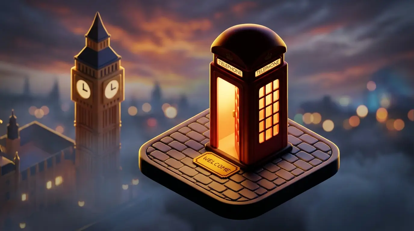 British telephone box with Big Ben in background and welcoming glow