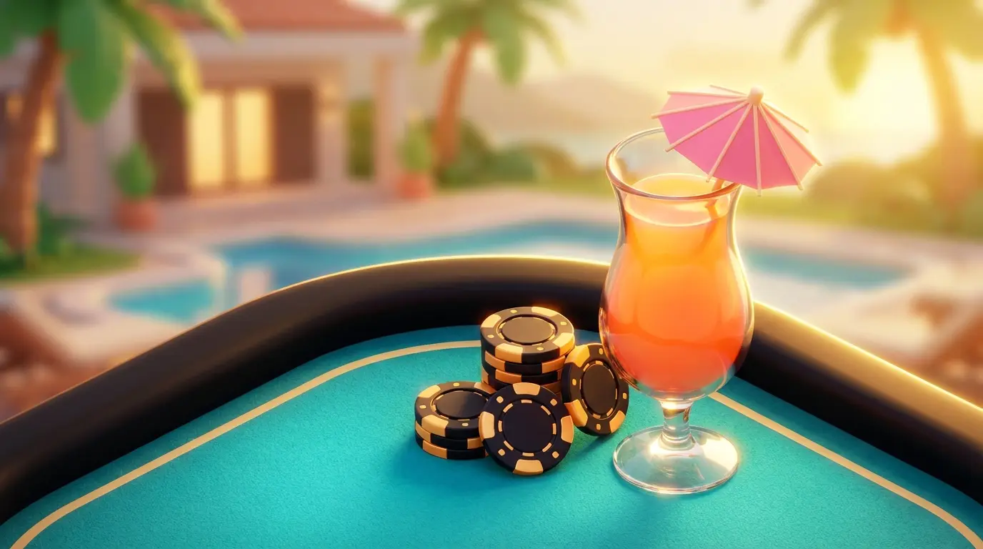 Cocktail and casino chips with tropical pool background at sunset