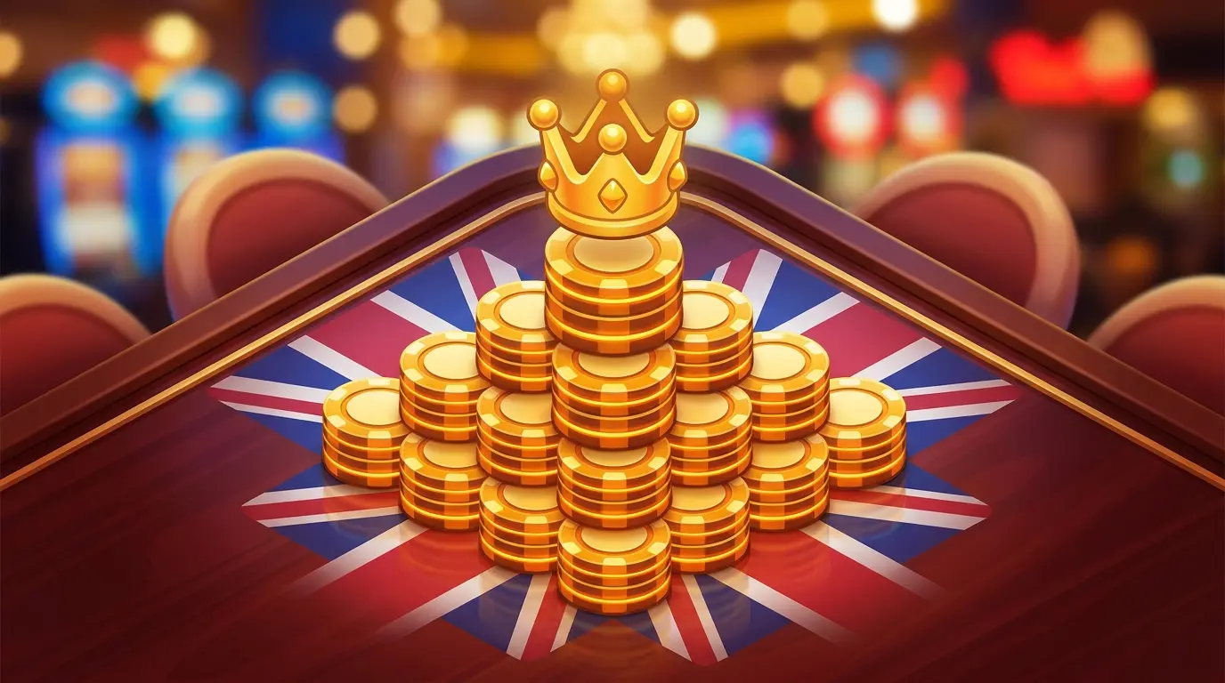 Stacked poker chips forming loyalty tiers with crown on British surface