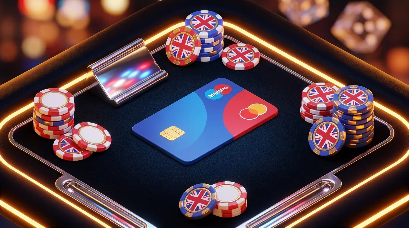 Maestro card with UK-themed poker chips on casino table