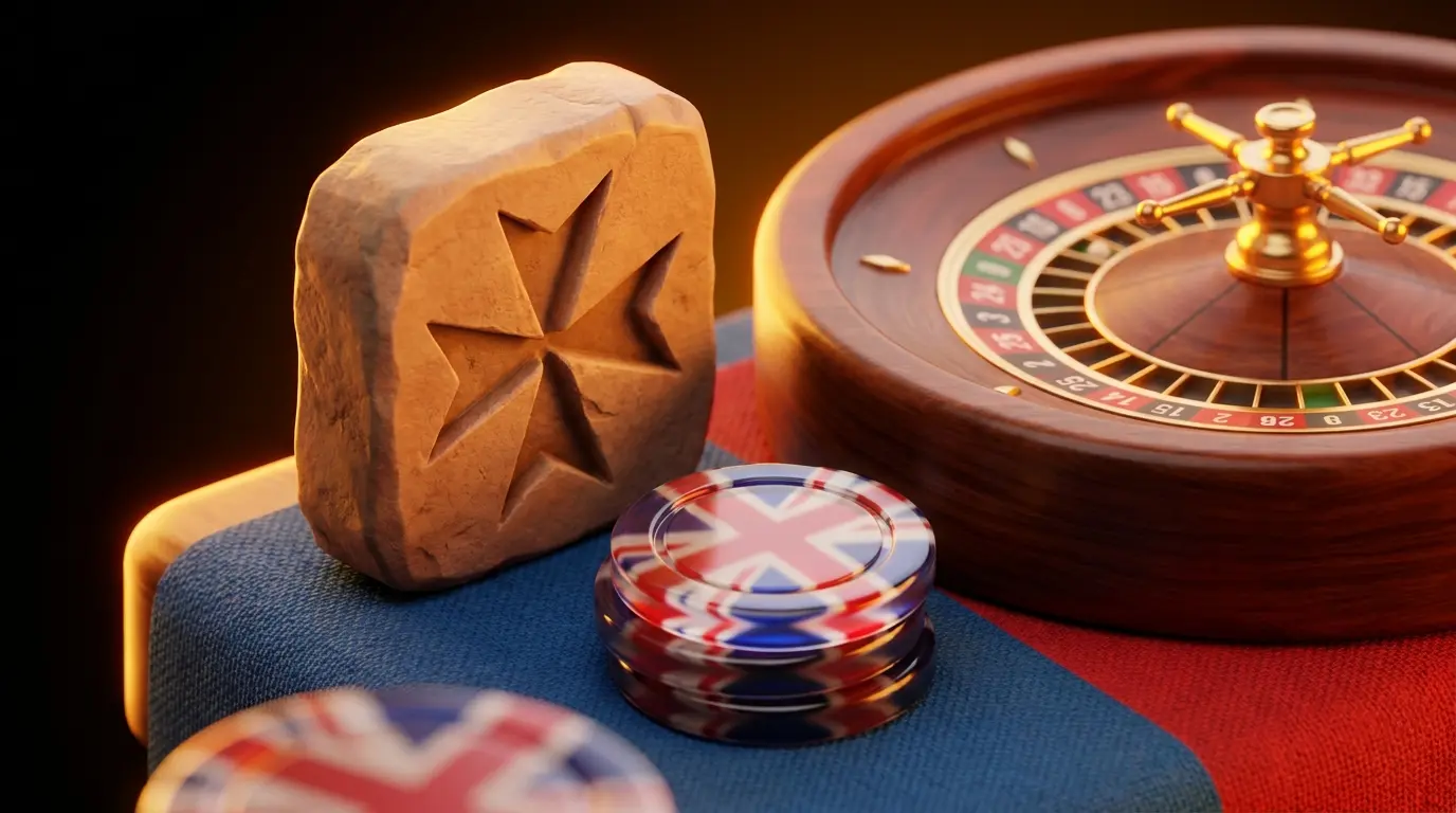 Maltese symbol with roulette wheel and UK-themed casino chips