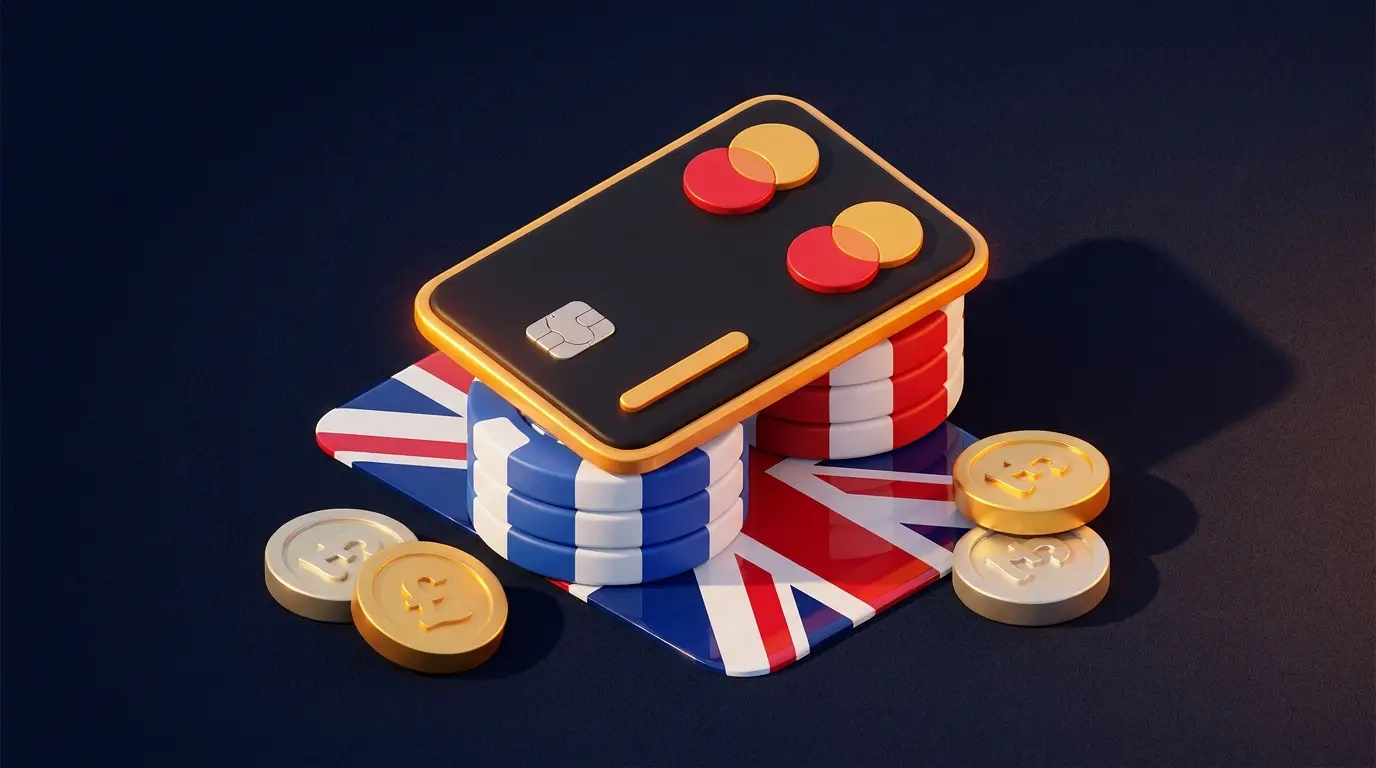 Mastercard with poker chips and British pound coins on dark felt