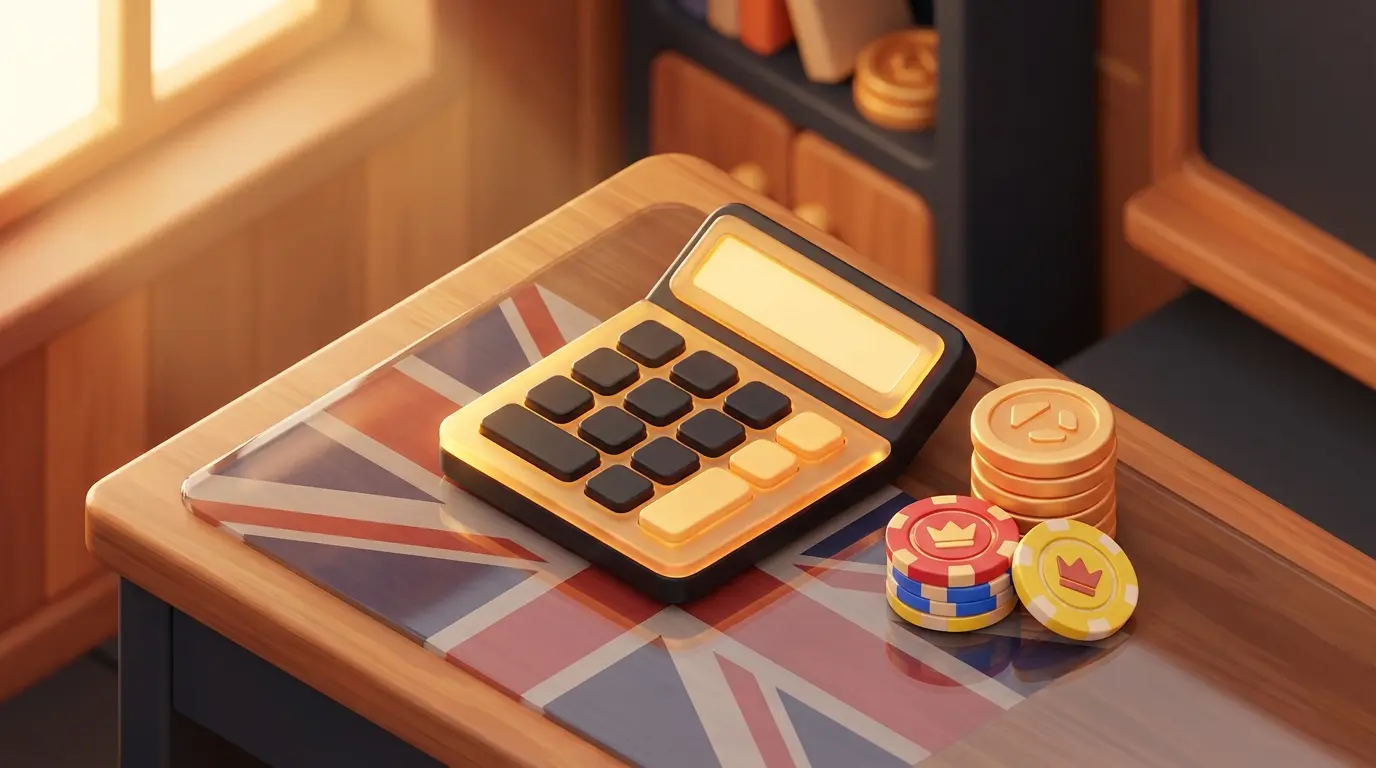 Calculator with British pound coins and poker chips on desk