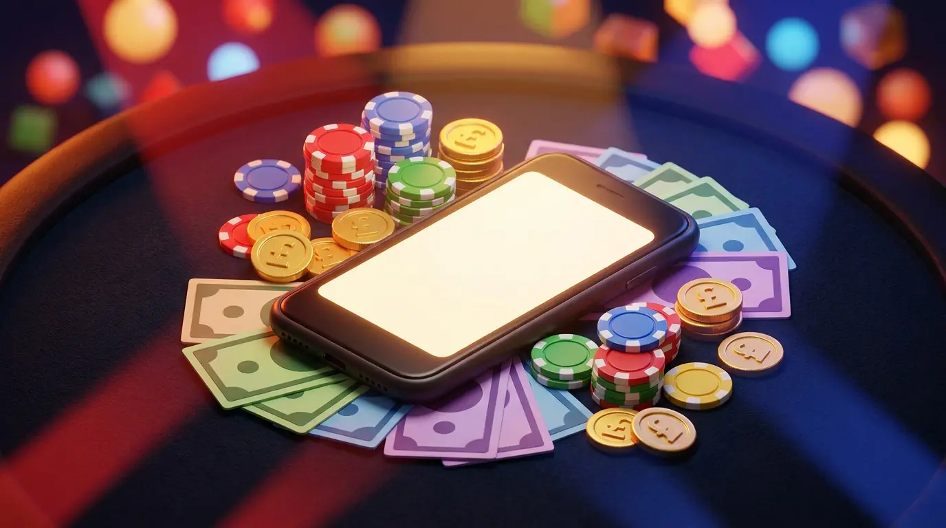 Mobile phone with cash and casino chips on betting table