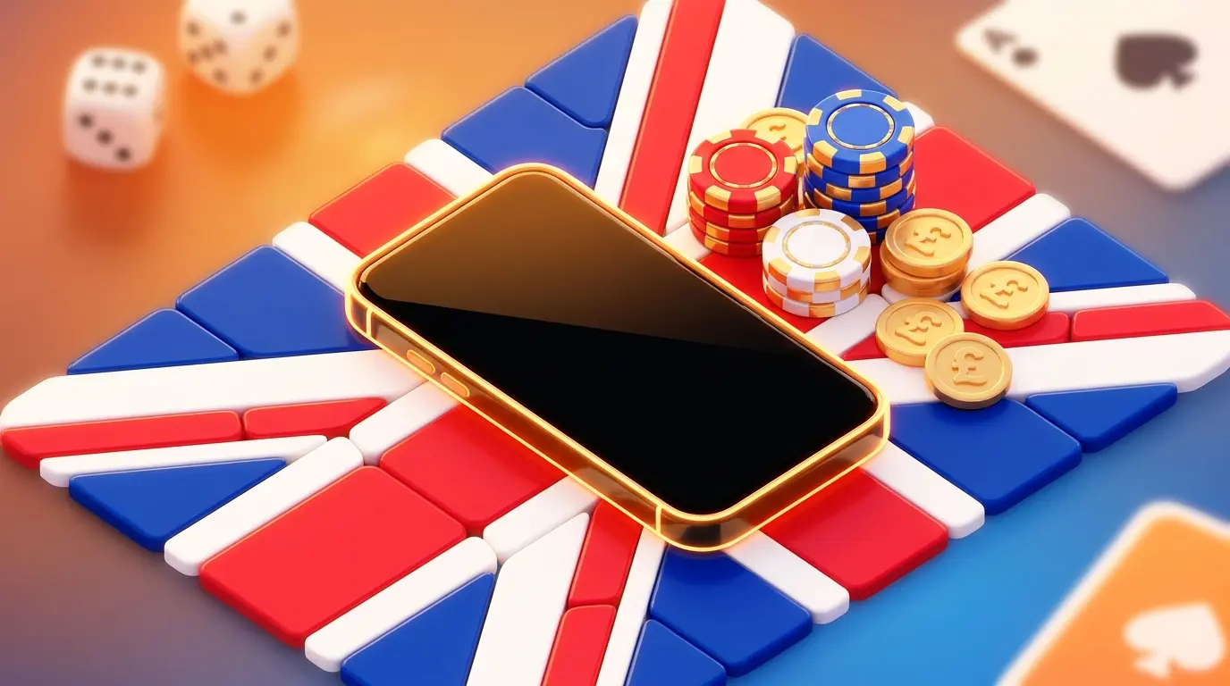 Smartphone with betting chips and British pound coins on UK flag