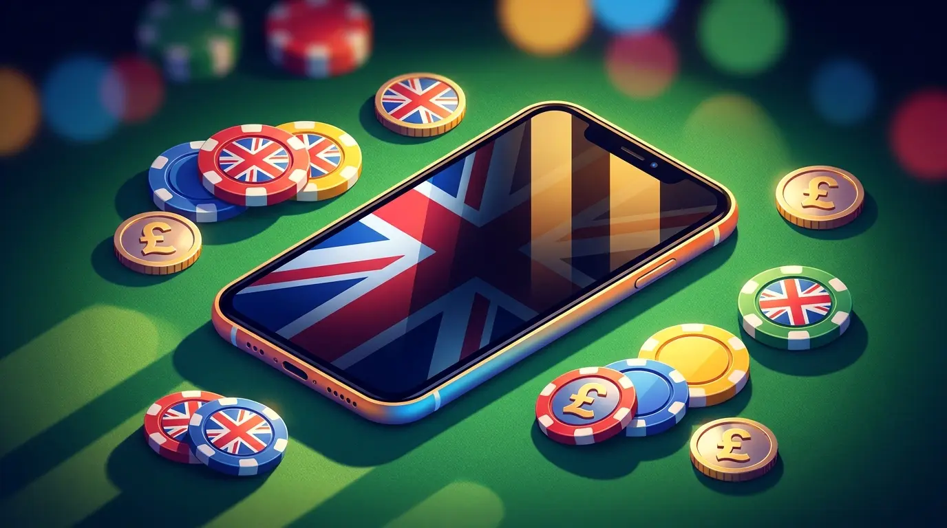 Mobile phone with betting chips and British coins on casino table