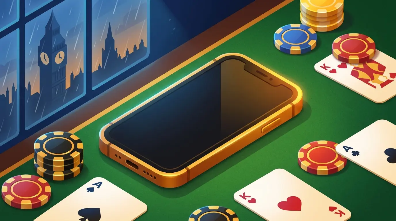 Phone on casino felt with poker chips and London skyline