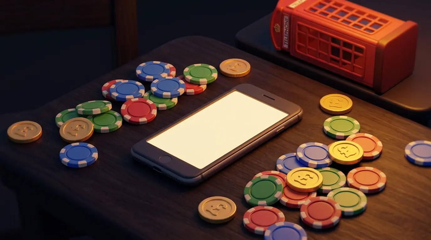 Mobile phone with betting chips and British currency on table