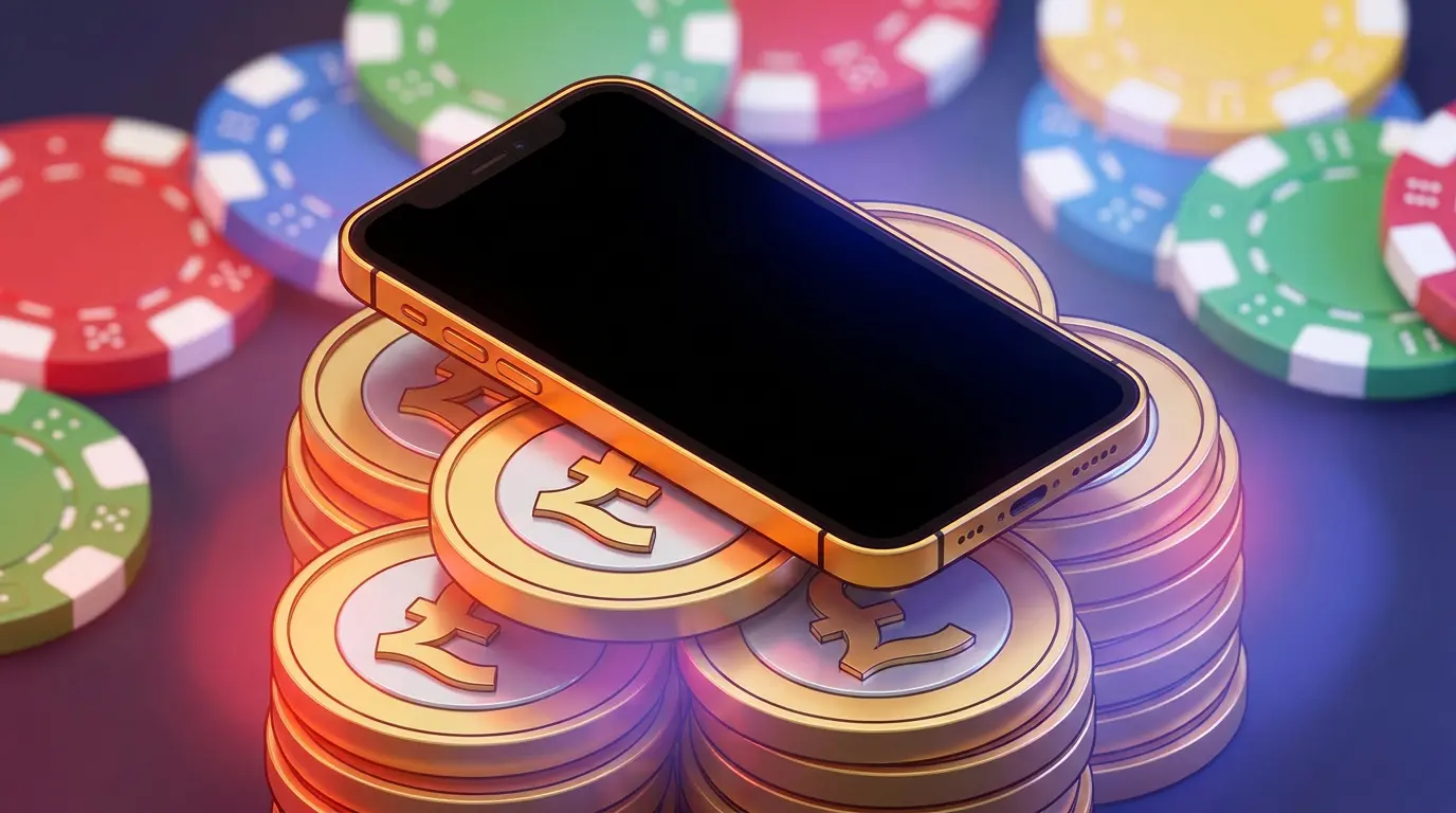 Smartphone on pound coins with casino chips in soft focus background