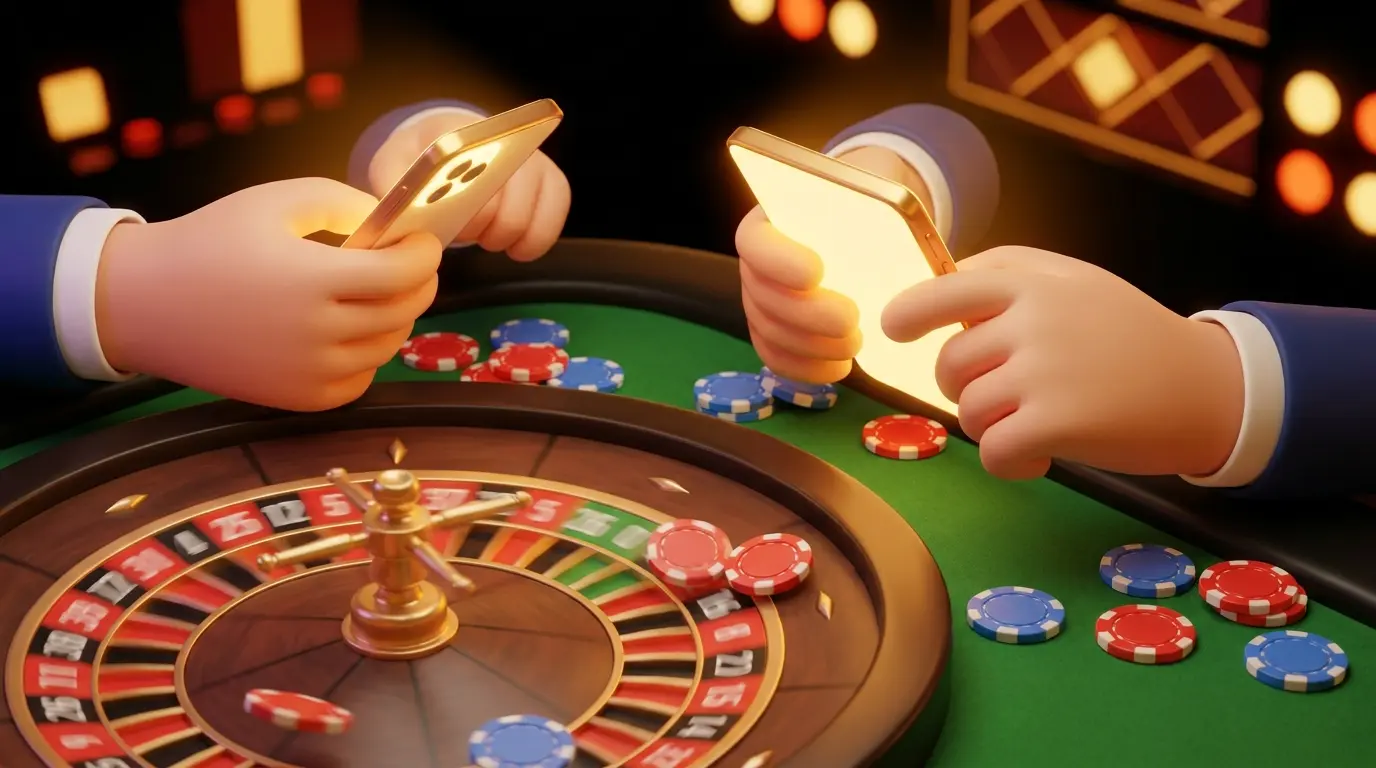 Hands with phone over roulette wheel showing online betting concept