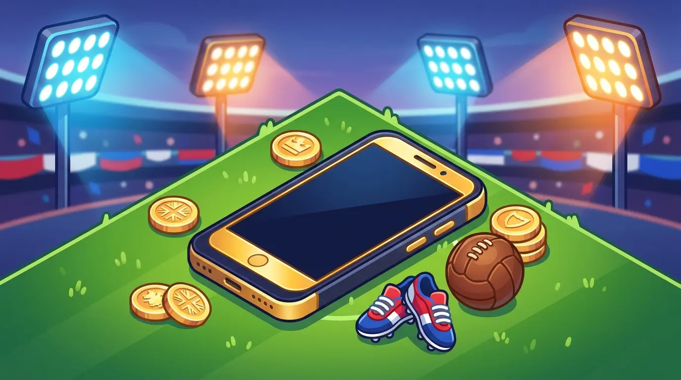 Mobile phone with coins on football pitch under stadium lights