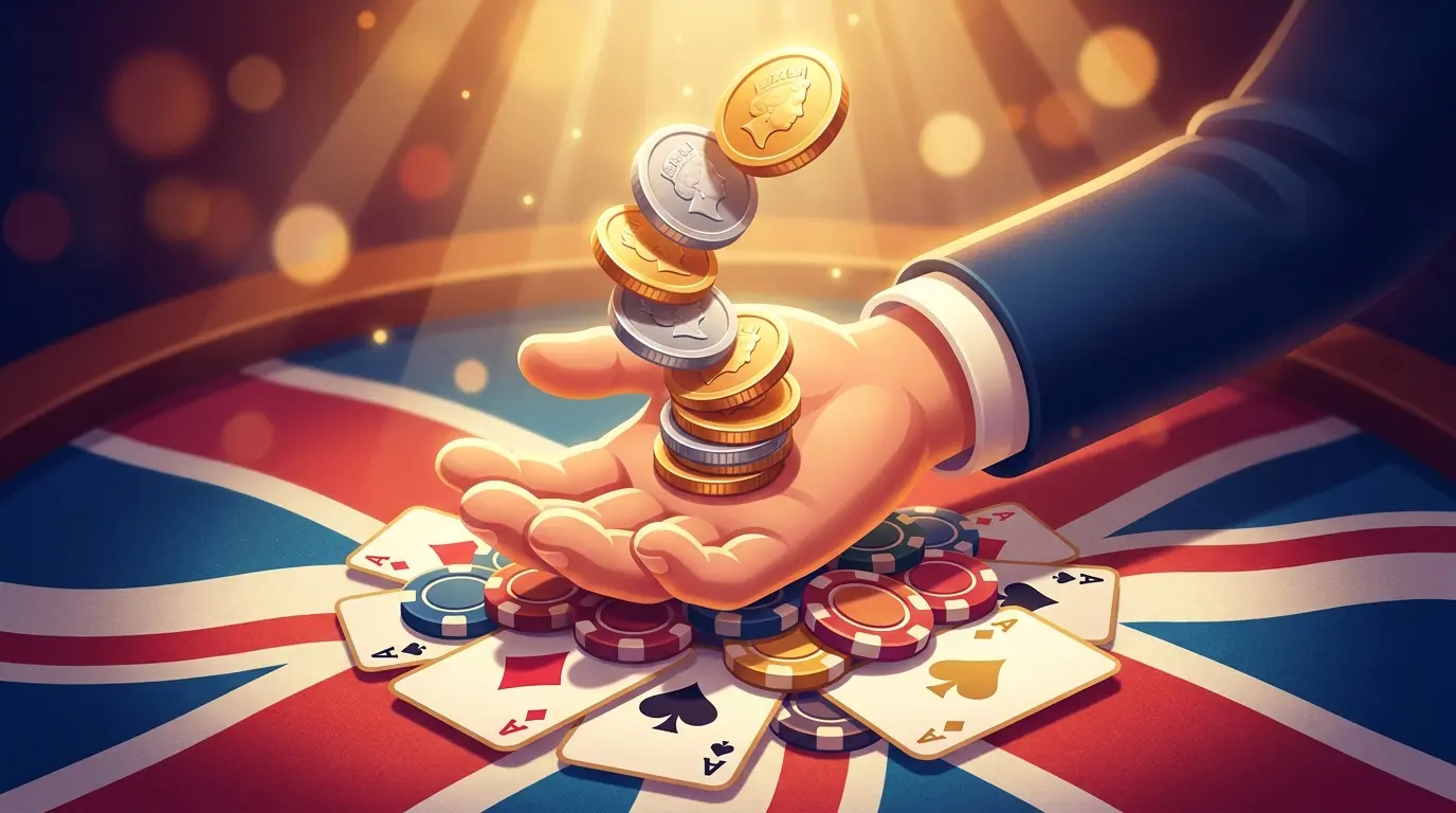 Coins flowing back into hand above casino chips symbolizing money back