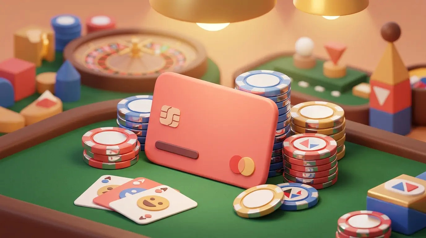 Debit card on casino table with chips and cards in UK colors