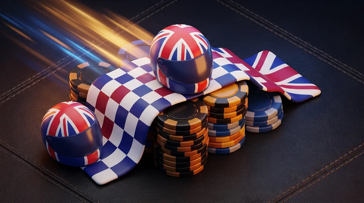 Racing helmet with checkered flag and poker chips in UK colors