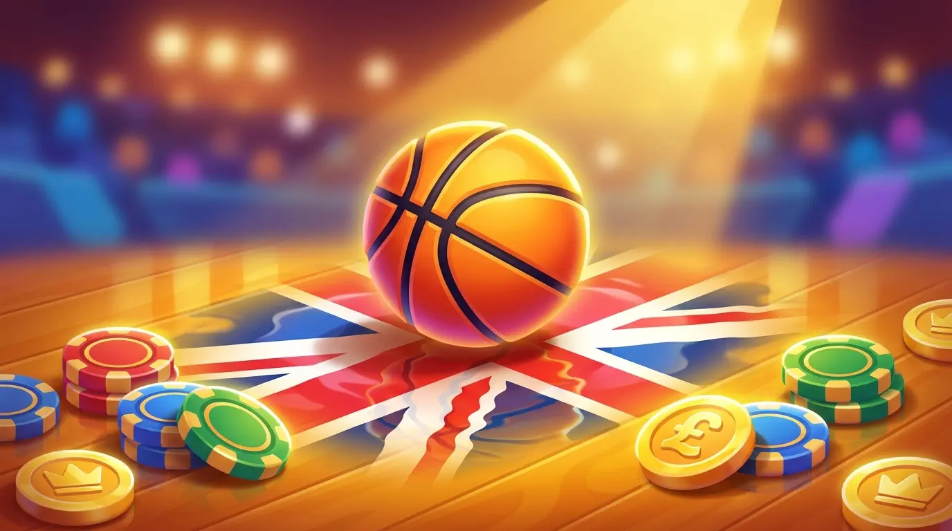 Basketball on court with British-themed betting elements and coins