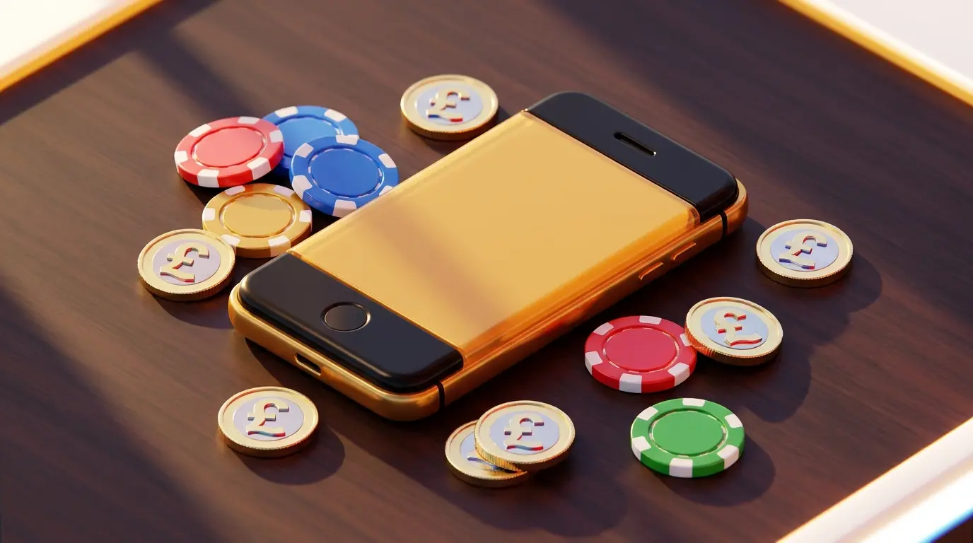 Mobile phone with casino chips and British currency in moody lighting