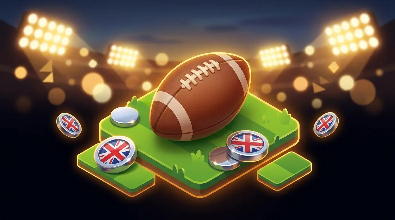 Football on grass with British-themed coins and stadium lighting