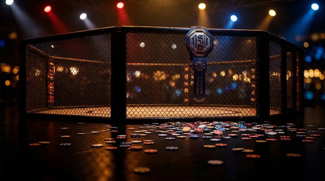 Championship belt and octagon cage with British themed casino chips