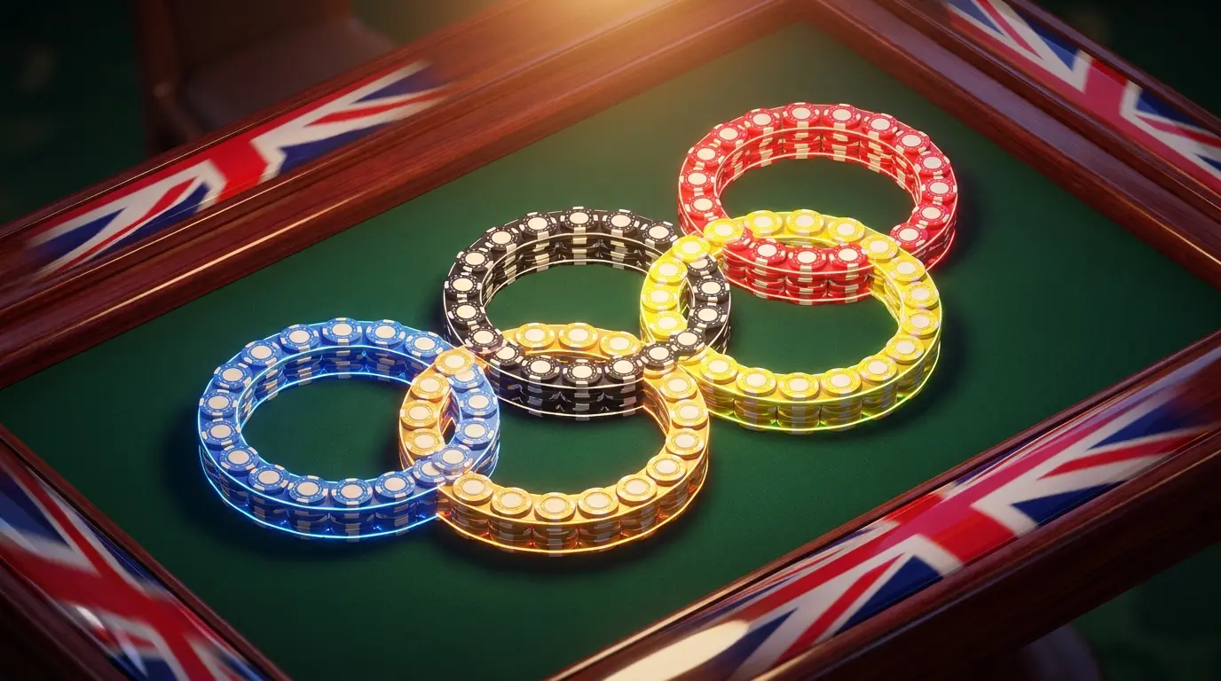 Olympic rings formed from poker chips with British flag colours