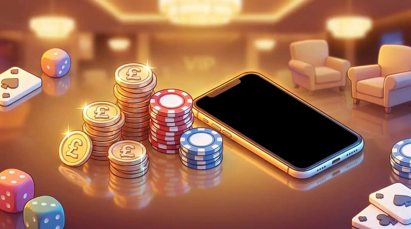 British pound coins and poker chips with smartphone payment concept