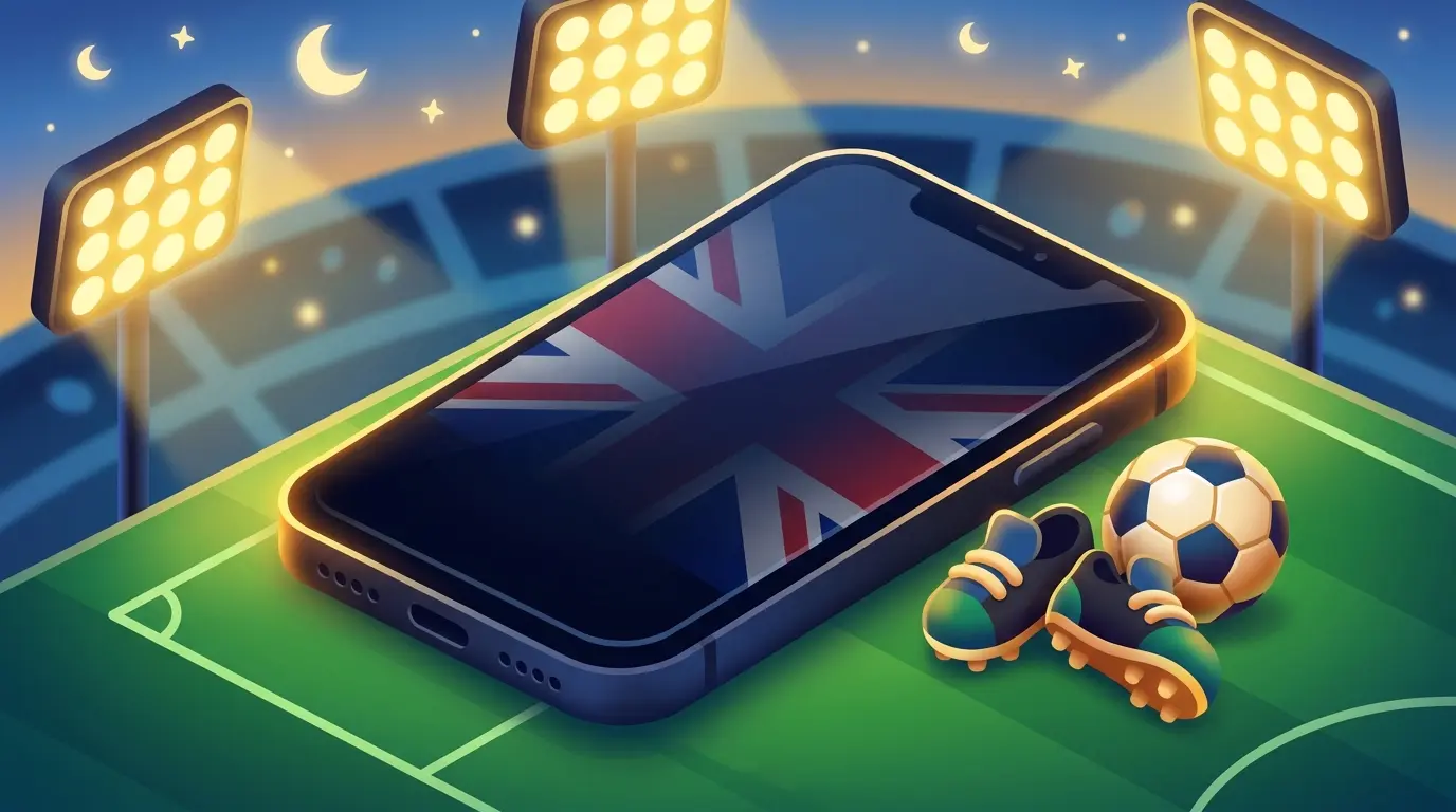 Phone on football pitch with stadium lights and UK colour accents