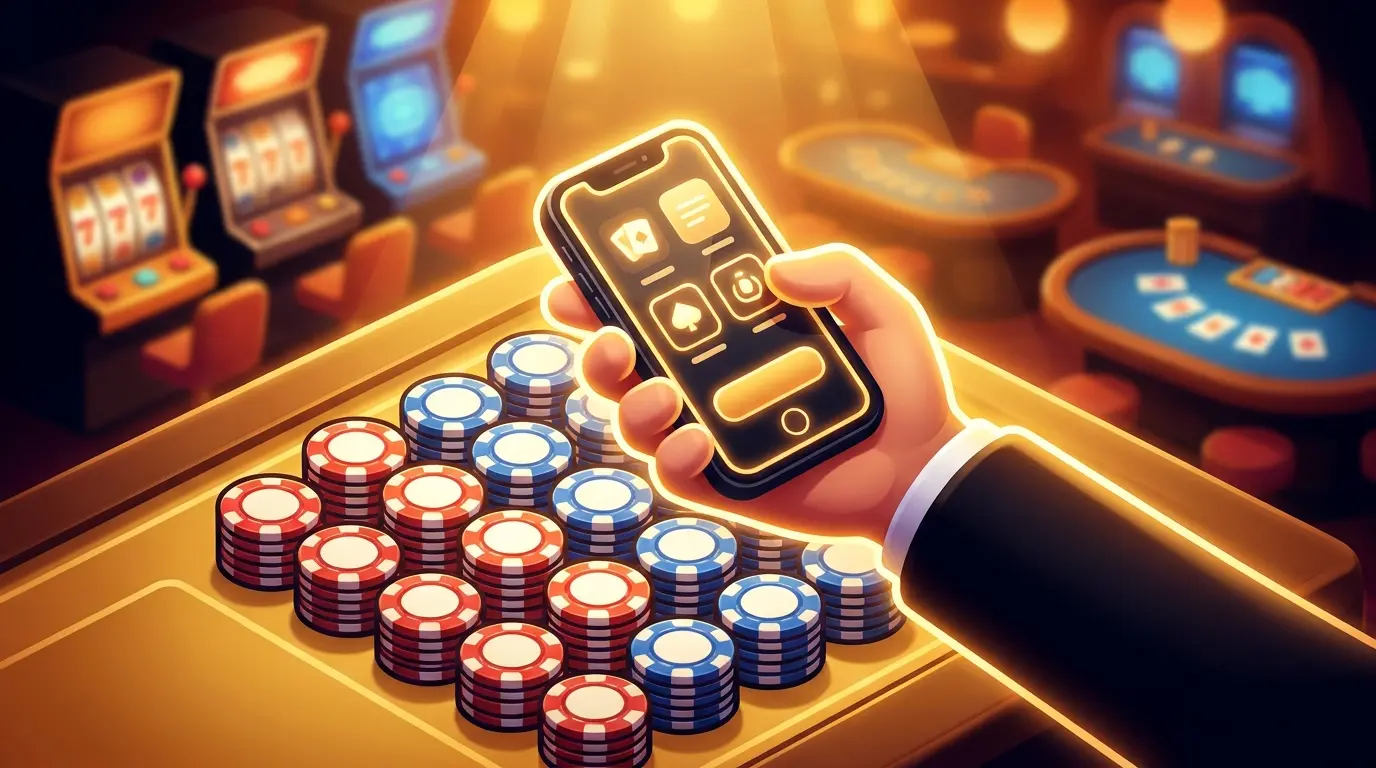 Hand holding phone over stacked betting chips in UK colours